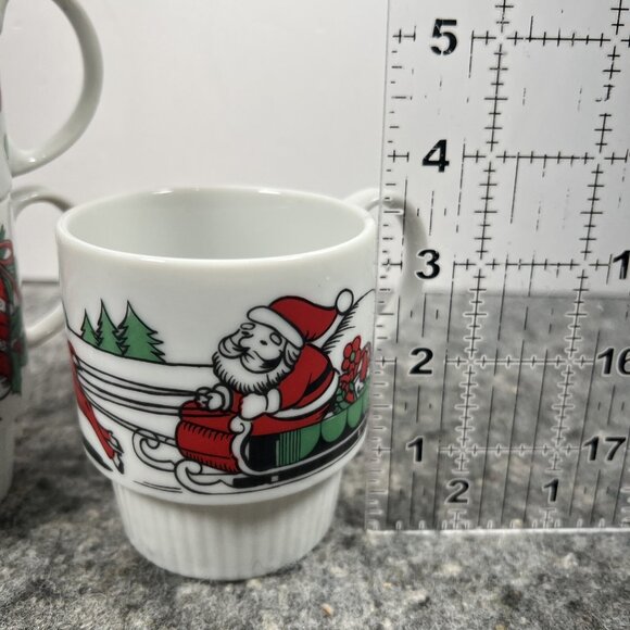 Set Of 3 VTG Ceramic Christmas Holly Santa Mugs Made In Japan Trimont Stacking - Picture 7 of 8